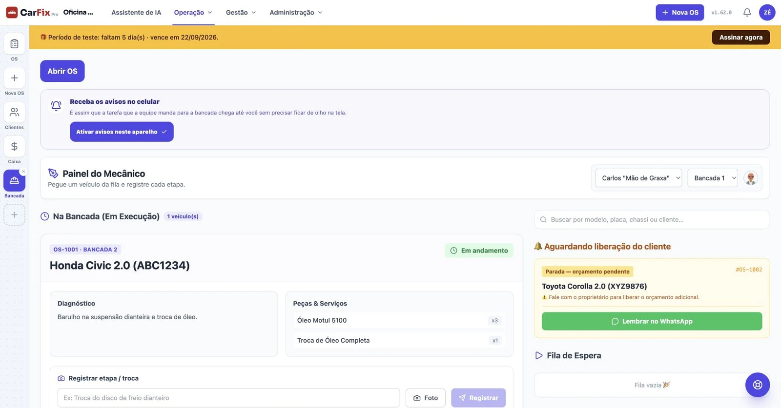 Tela real do CarFix: Bancada, com dados de demonstração